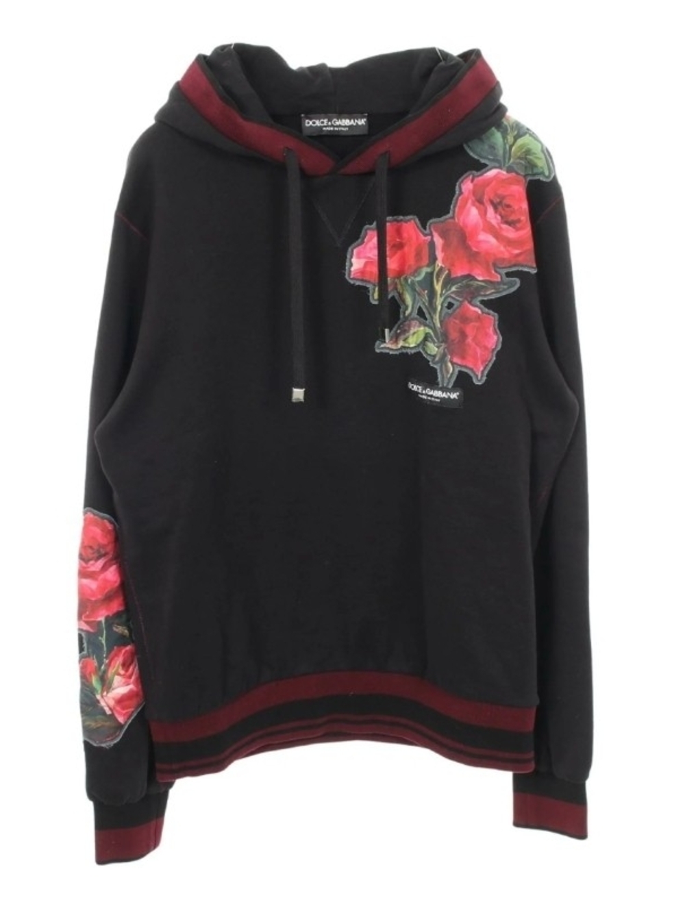 Dolce & Gabbana Black Hoodie Sweater with Red Rose Appliqué